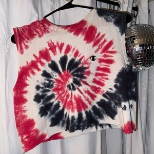 custom CHAMPION cropped tank top / red & black tie-dye